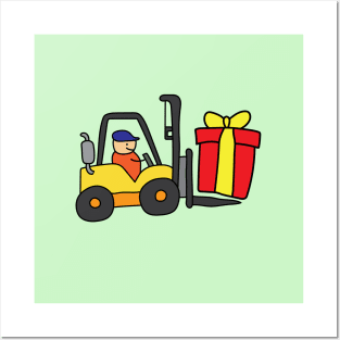 cute forklift lifting a giant box gift Posters and Art